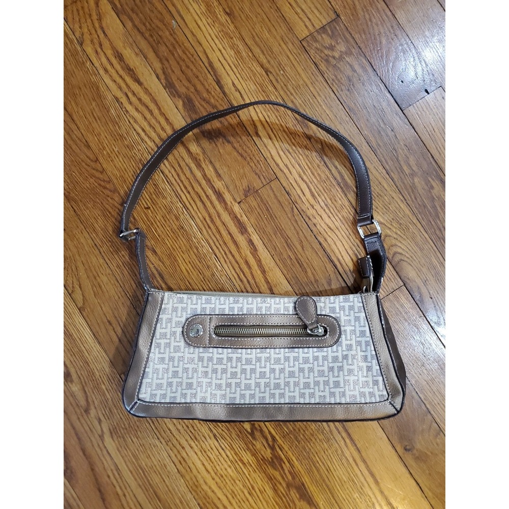 Tommy Hilfiger Monogram Baguette Shoulder Bag Bronze Cream Jacquard Logo Purse